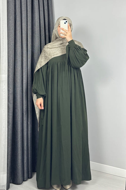 Alya Kol Bağlamalı Haki Tesettür Hijab Elbise
