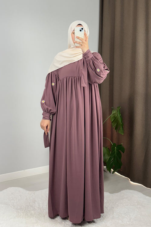 Asel Papatya Nakışlı Gül Kurusu Tesettür Hijab Elbise