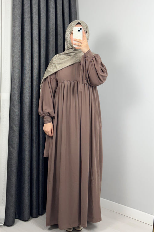 Alya Kol Bağlamalı Koyu Vizon Tesettür Hijab Elbise