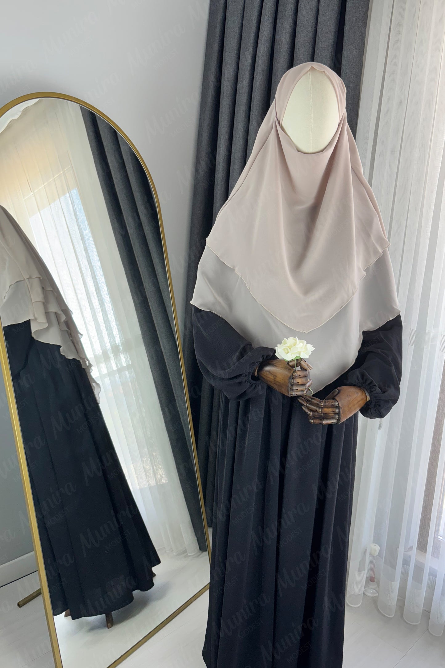 Siyah Ayrobin Elbise Krem Sufle Tesettür Hijab Takımı