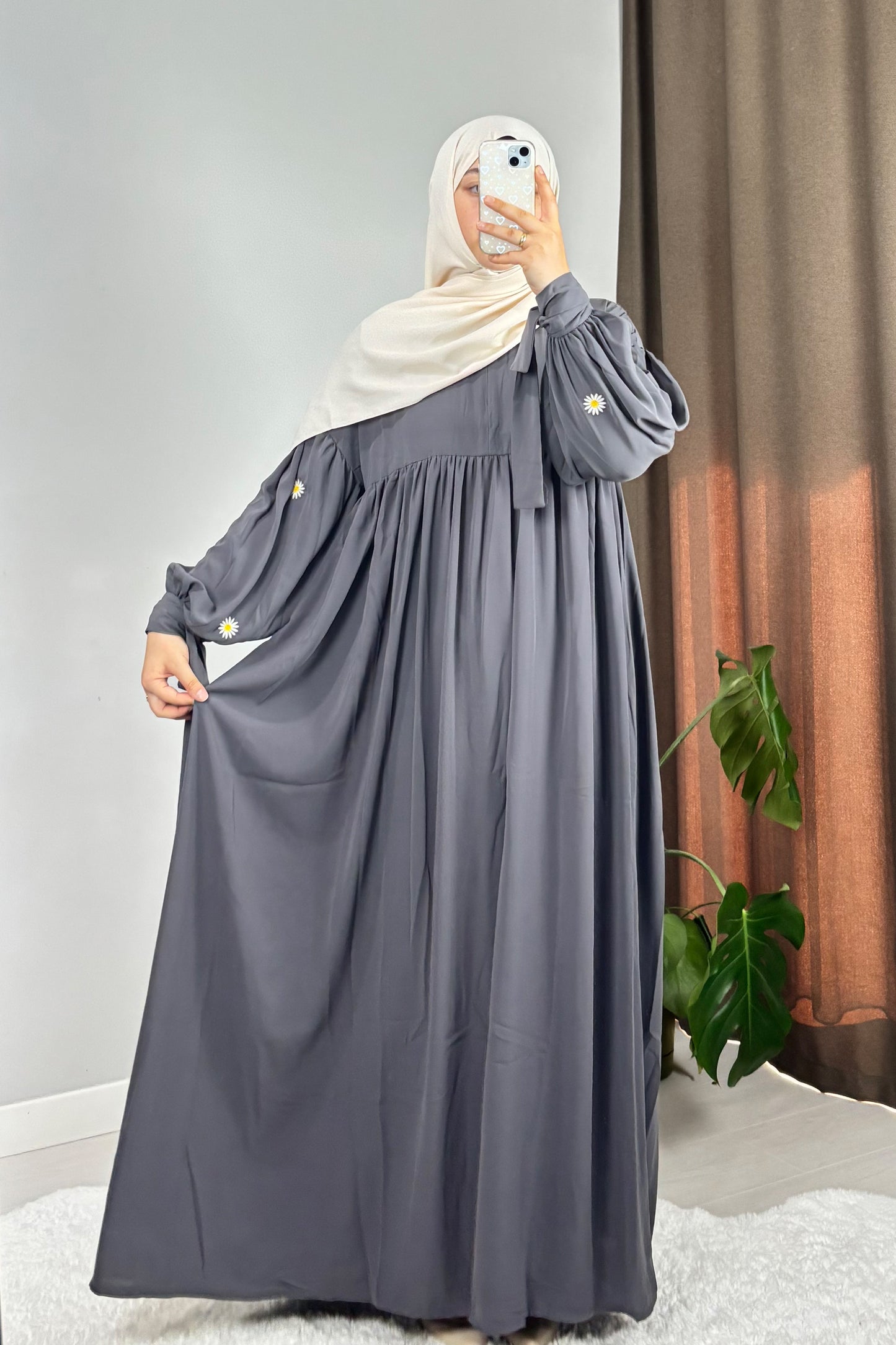 Asel Papatya Nakışlı Füme Tesettür Hijab Elbise