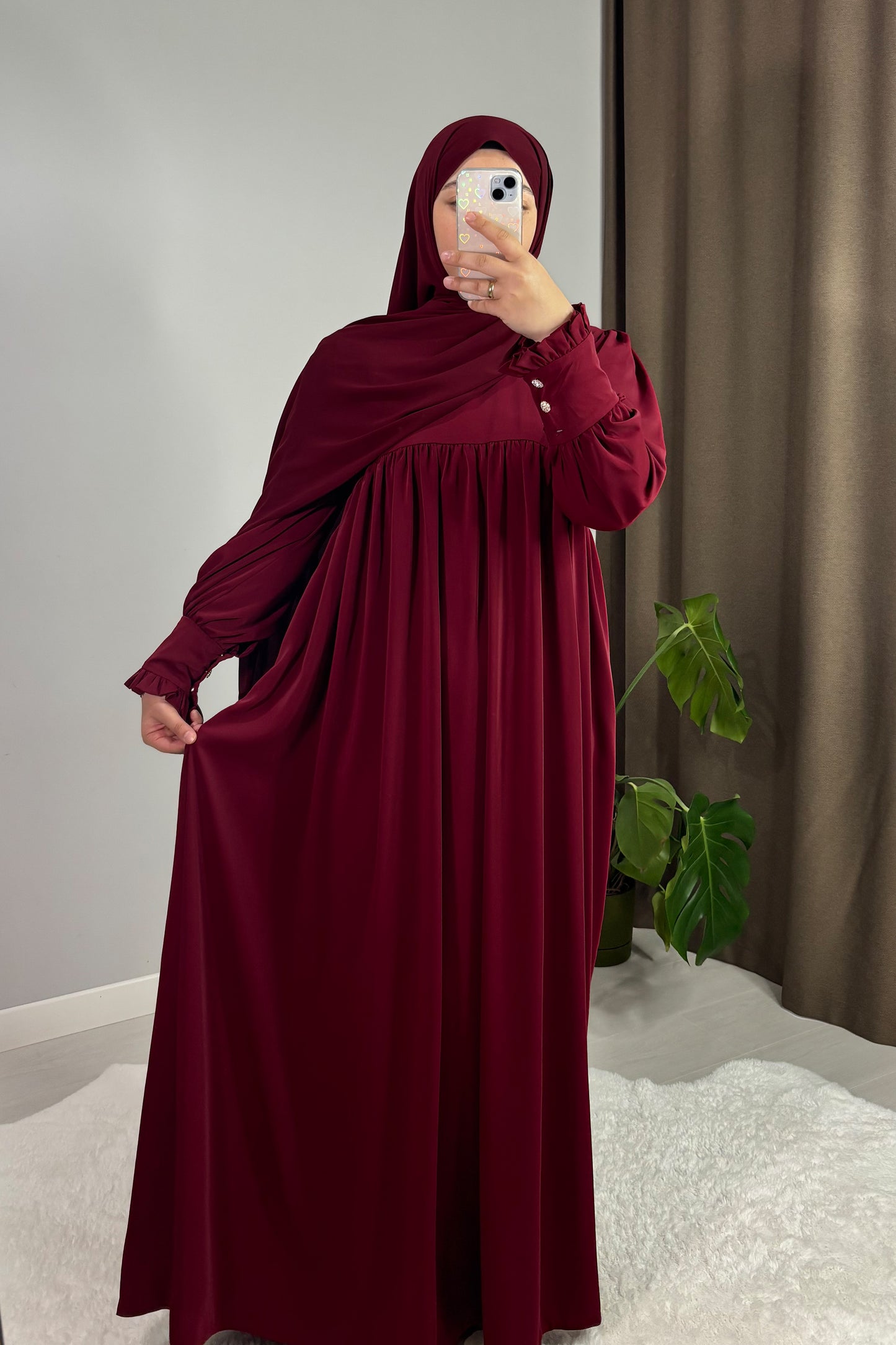 Mira Manşetli Bordo Tesettür Hijab Elbise