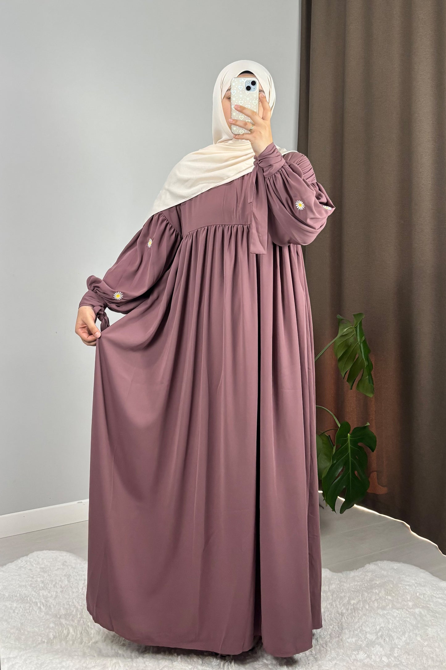 Asel Papatya Nakışlı Gül Kurusu Tesettür Hijab Elbise