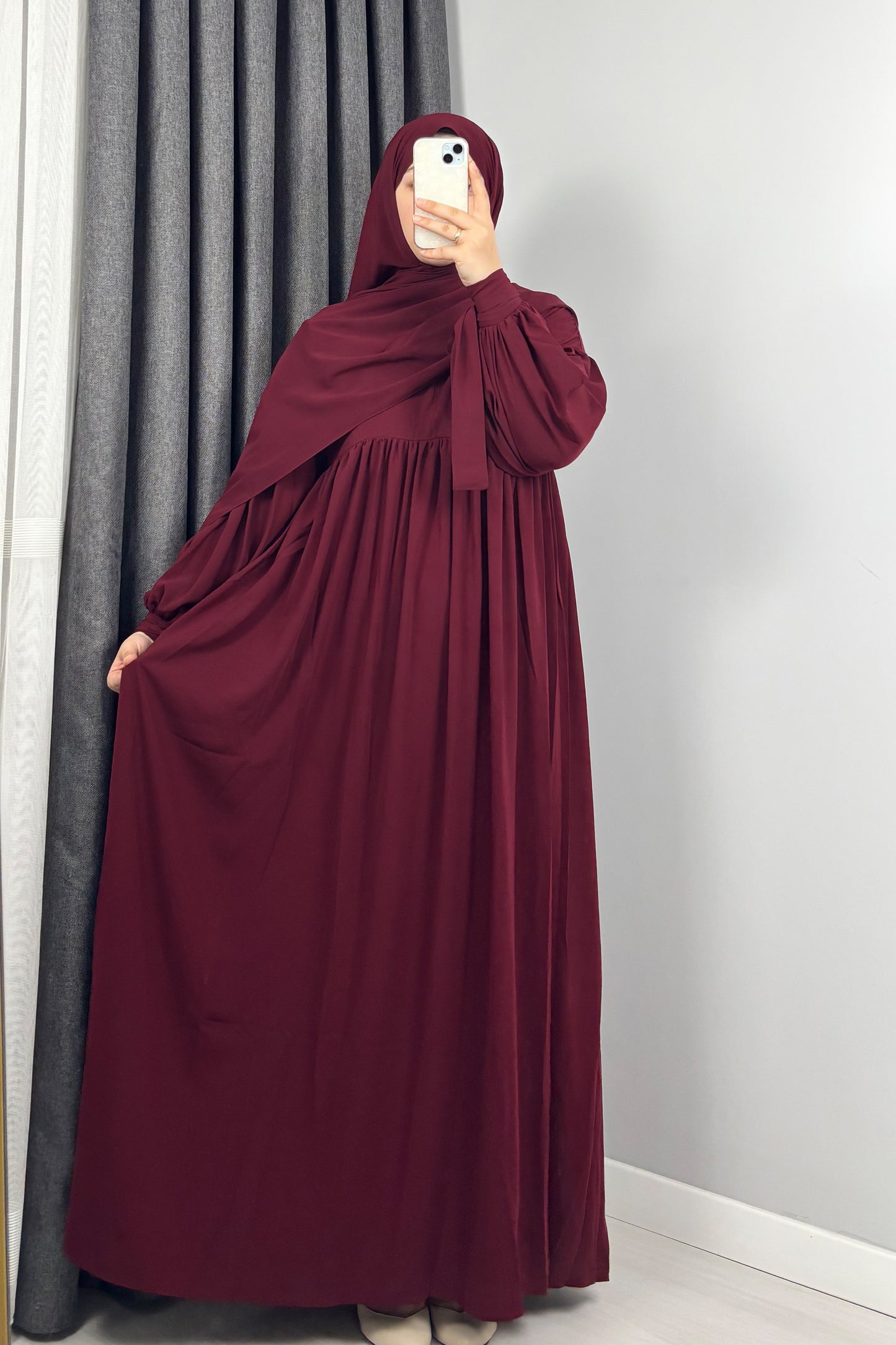 Alya Kol Bağlamalı Bordo Tesettür Hijab Elbise