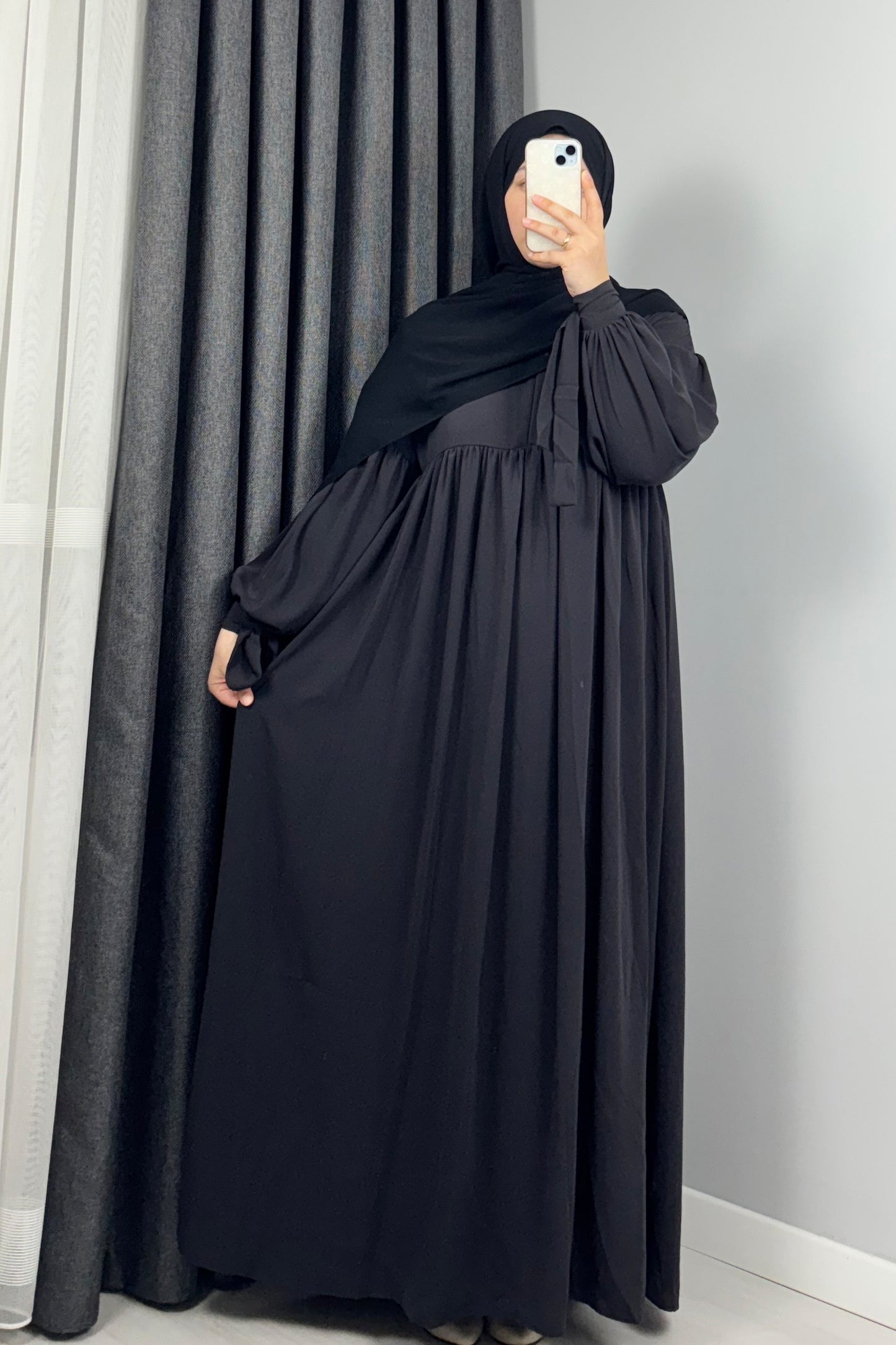 Alya Kol Bağlamalı Füme Tesettür Hijab Elbise