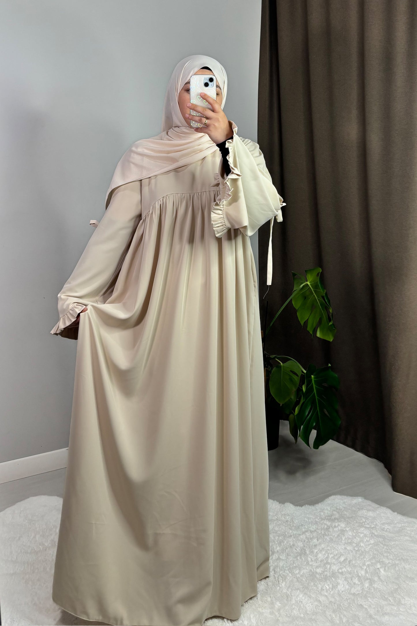 Neva Fırfırlı Krem Tesettür Hijab Elbise
