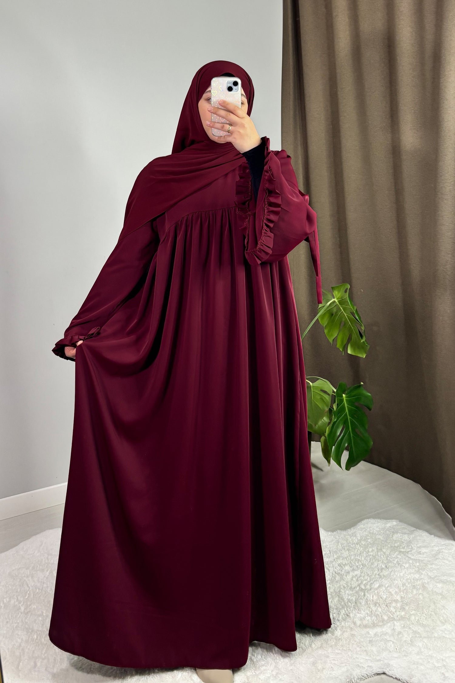 Neva Fırfırlı Bordo Tesettür Hijab Elbise