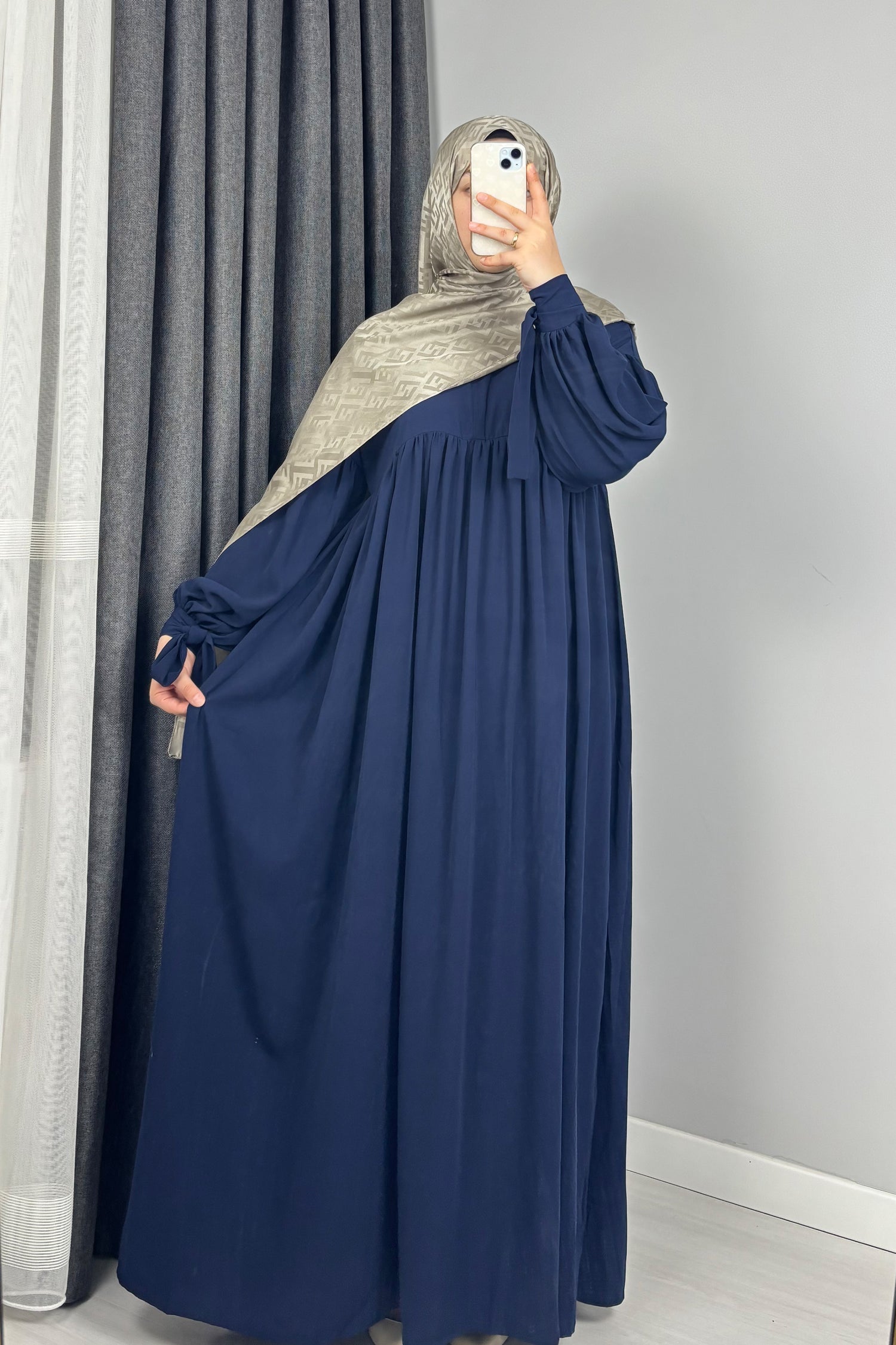 Alya Kol Bağlamalı Lacivert Tesettür Hijab Elbise