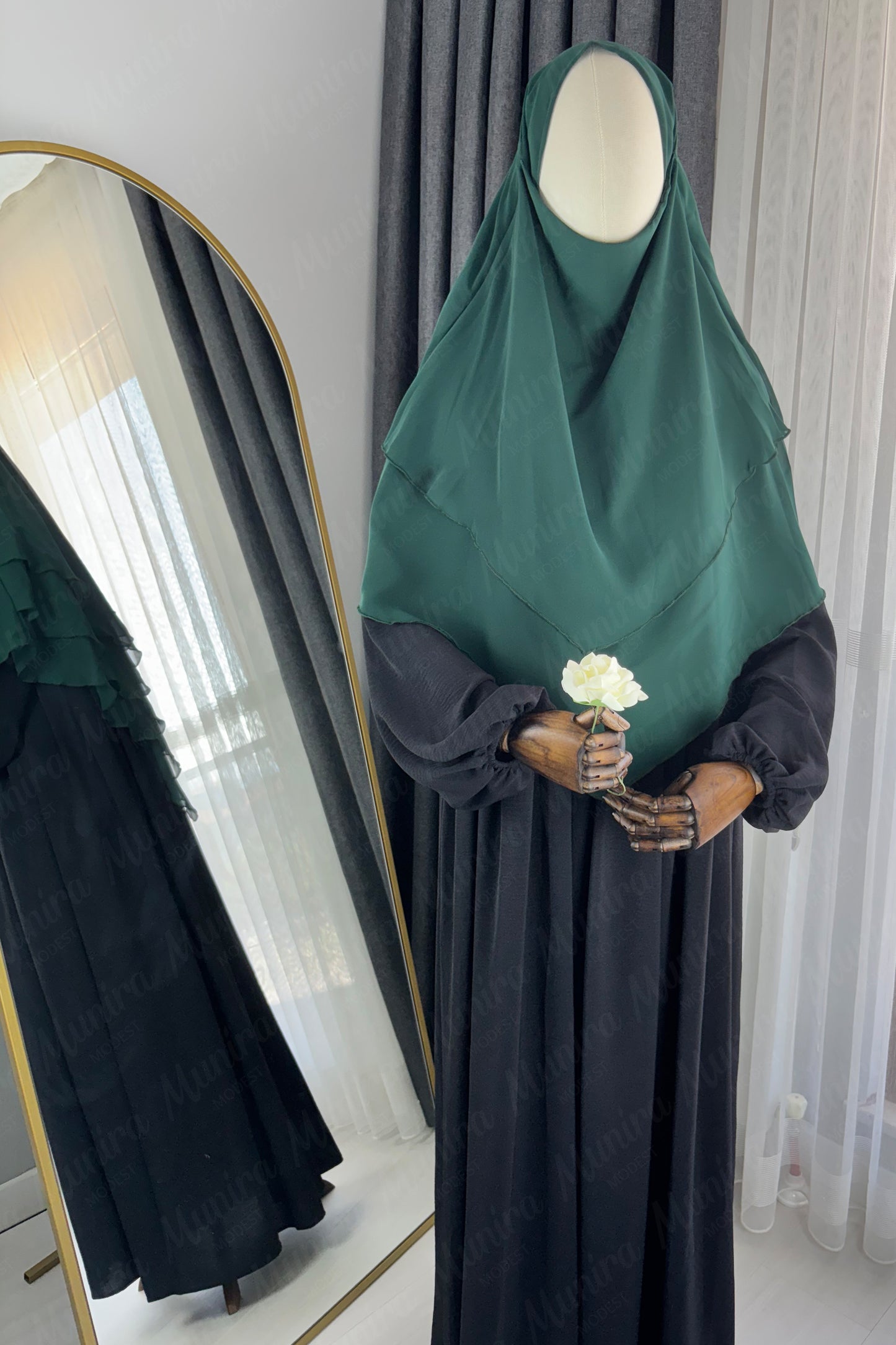 Siyah Ayrobin Elbise Zümrüt Yeşil Sufle Tesettür Hijab Takımı