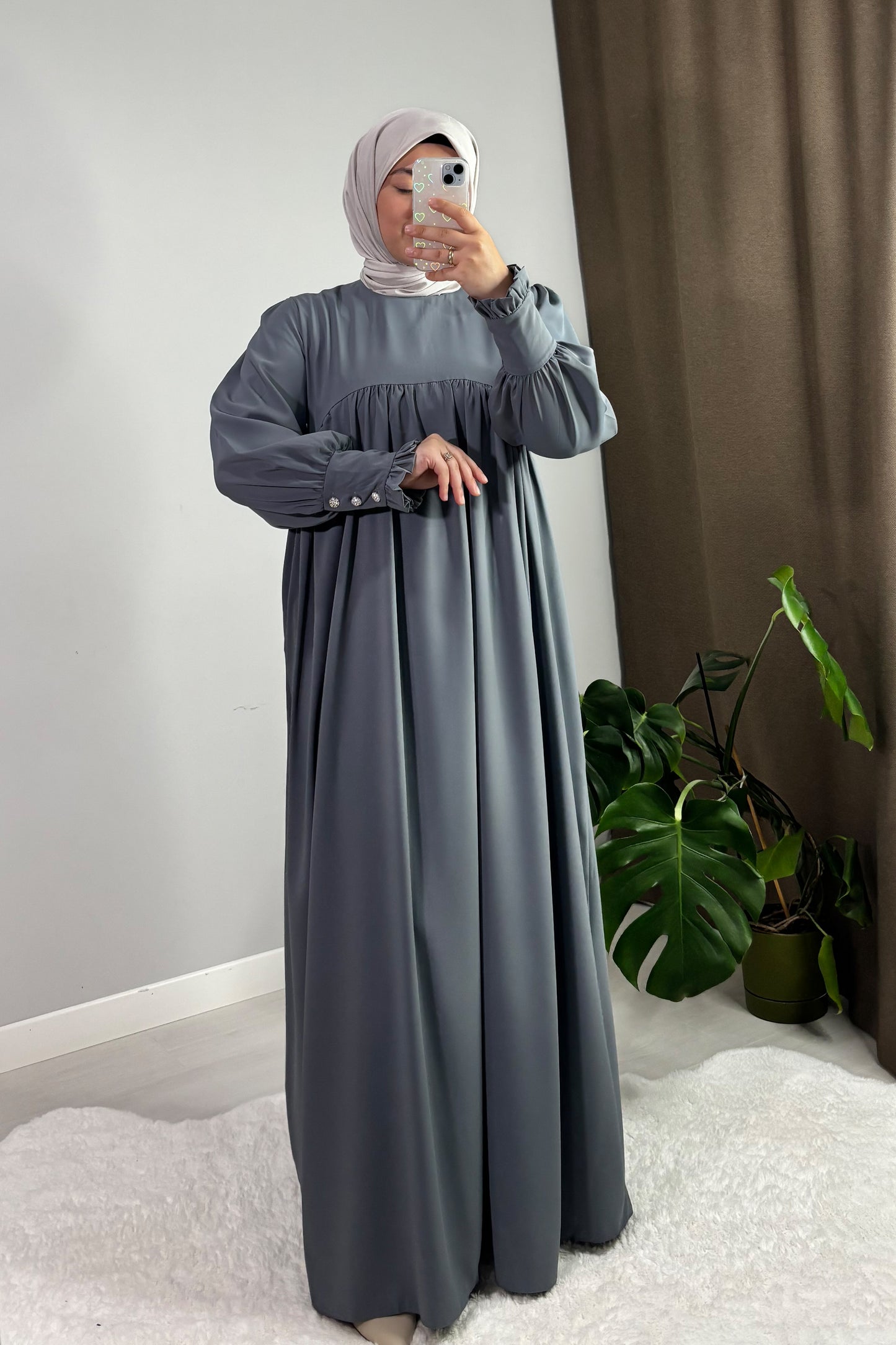 Mira Manşetli Gri Tesettür Hijab Elbise