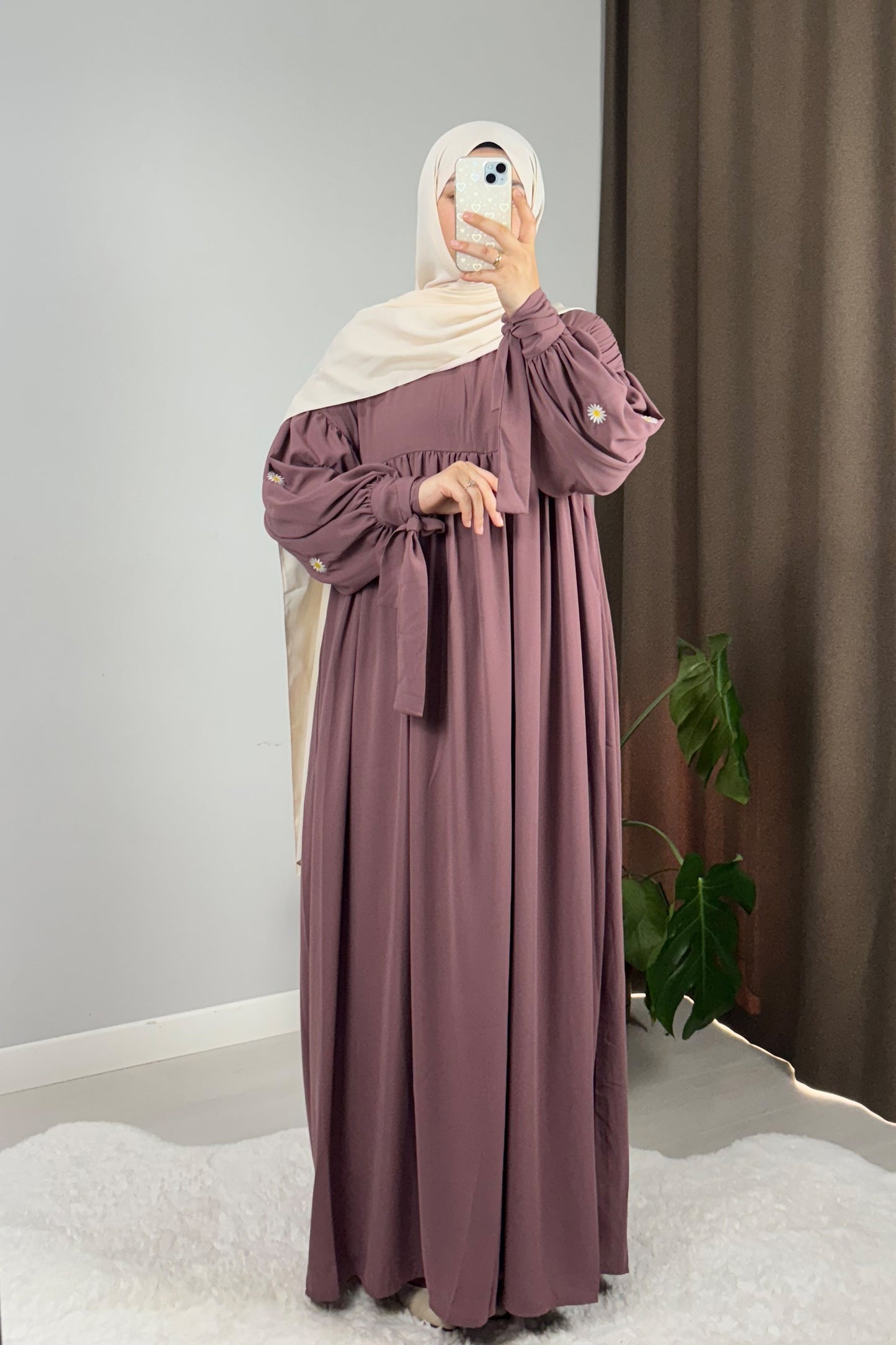 Asel Papatya Nakışlı Gül Kurusu Tesettür Hijab Elbise