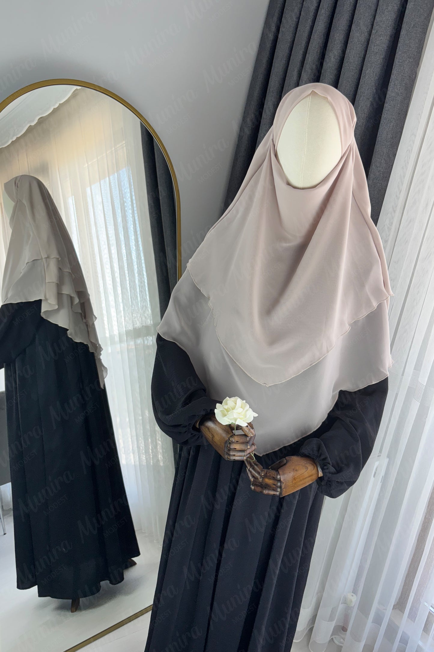 Siyah Ayrobin Elbise Krem Sufle Tesettür Hijab Takımı