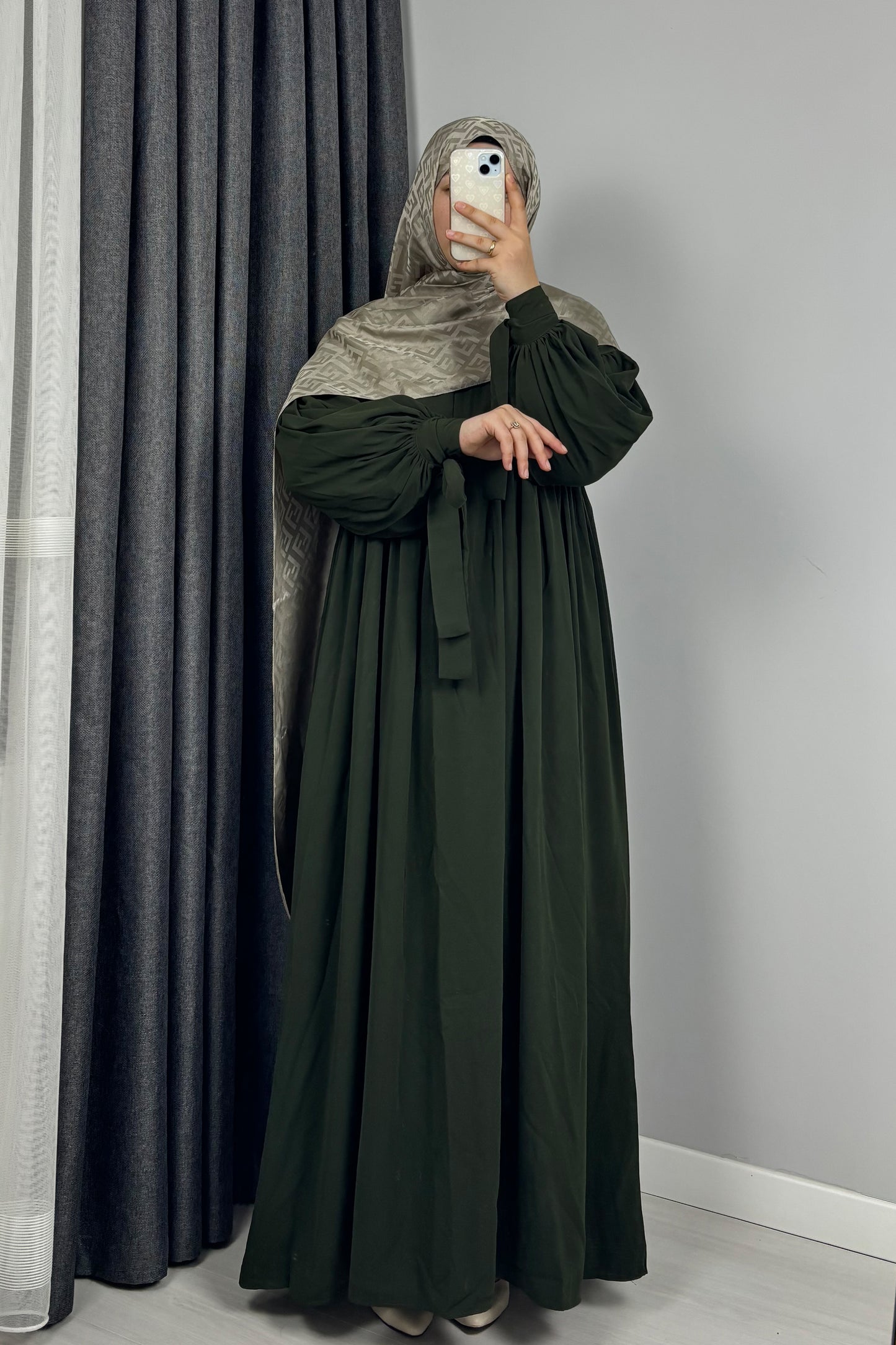 Alya Kol Bağlamalı Haki Tesettür Hijab Elbise