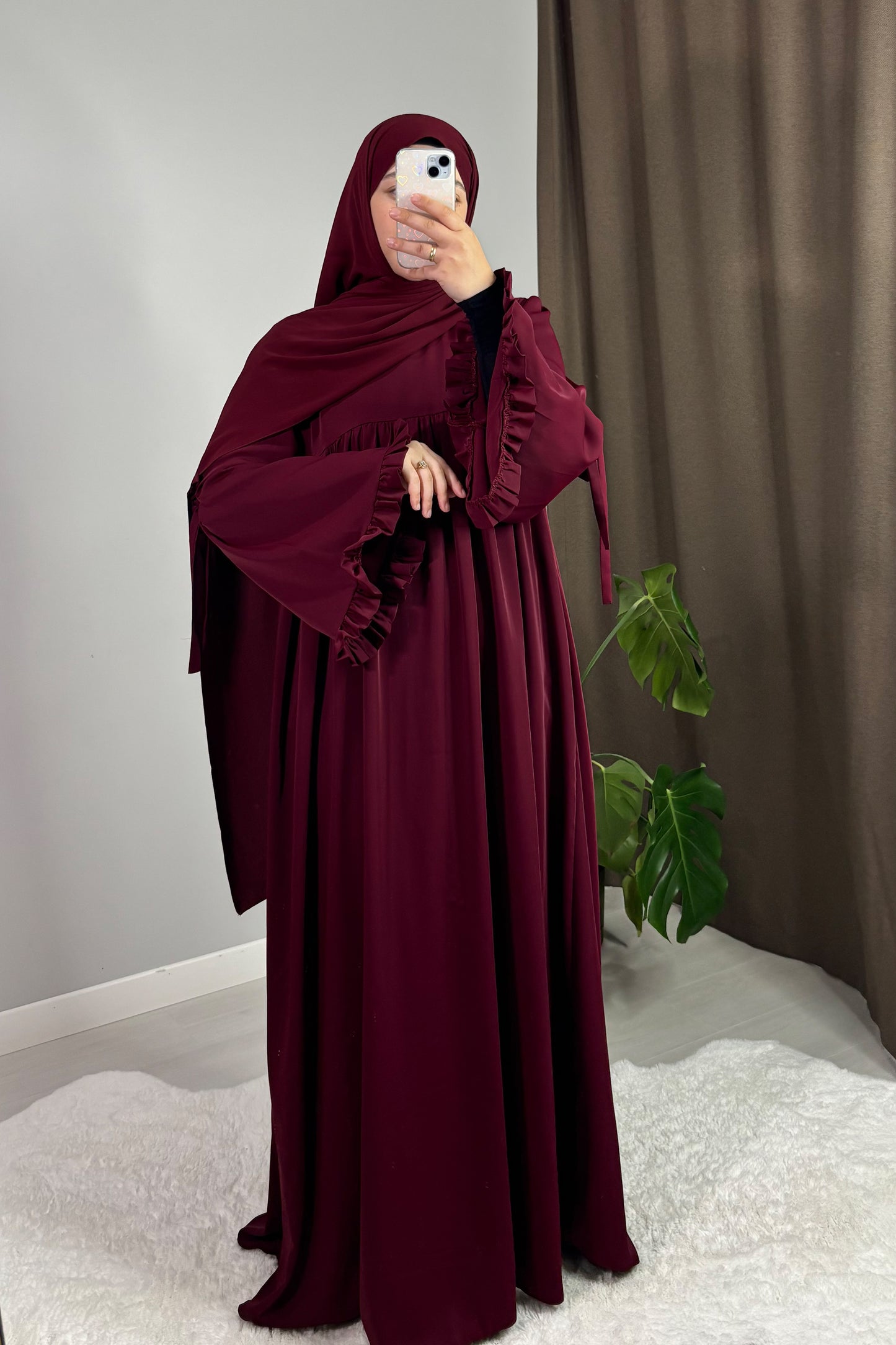 Neva Fırfırlı Bordo Tesettür Hijab Elbise