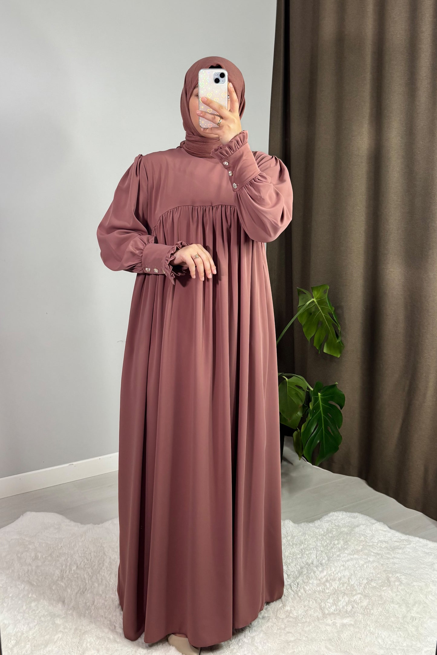 Mira Manşetli Gül Kurusu Tesettür Hijab Elbise