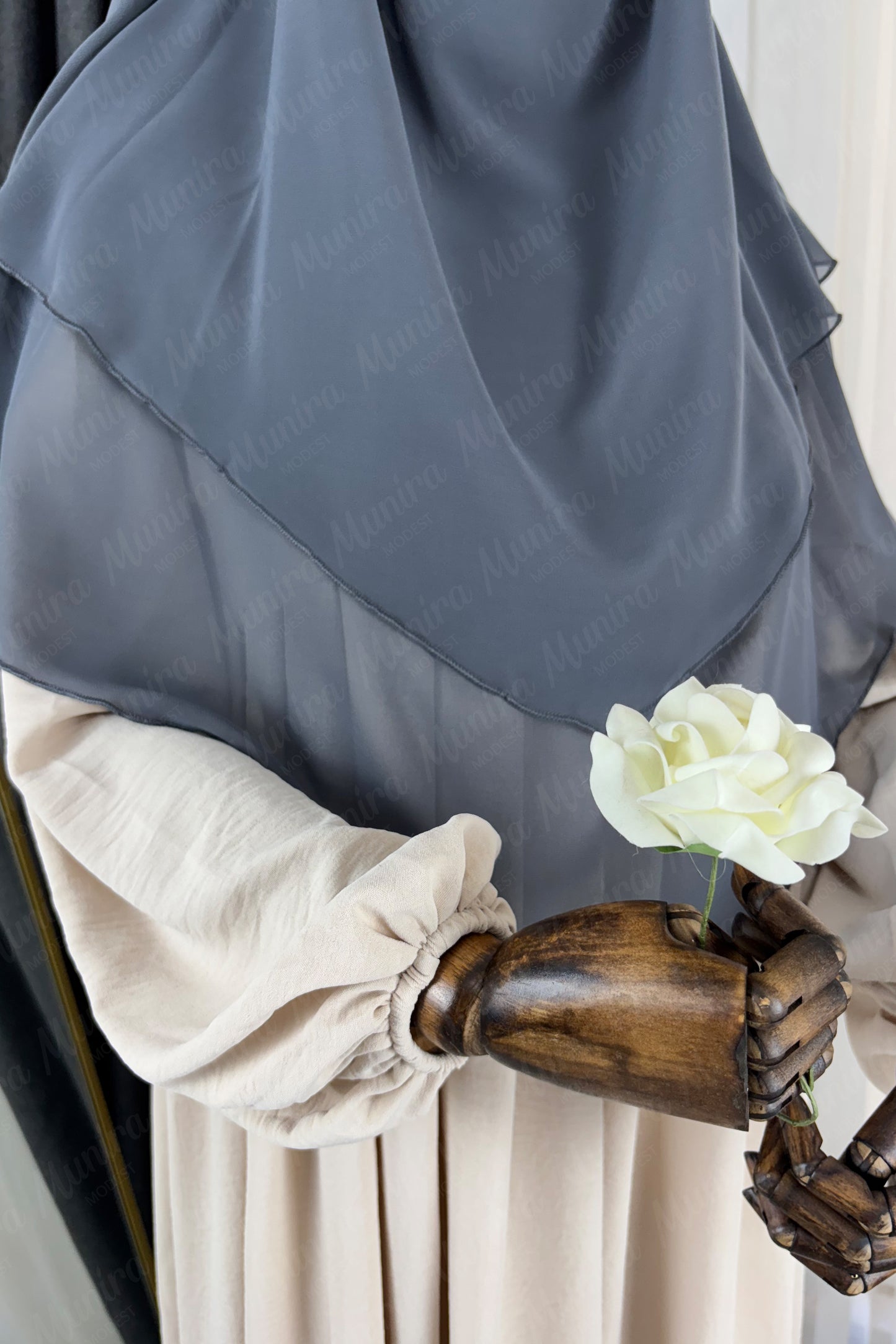 Krem Ayrobin Elbise Füme Sufle Tesettür Hijab Takımı
