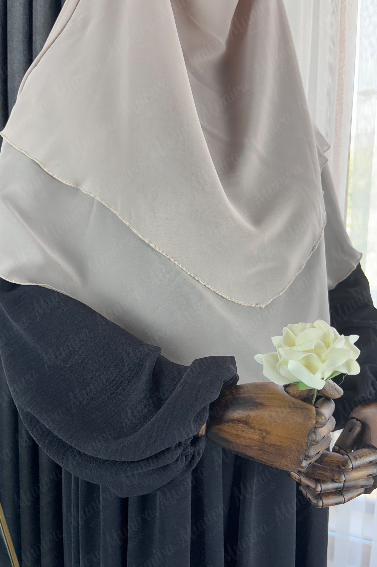 Siyah Ayrobin Elbise Krem Sufle Tesettür Hijab Takımı
