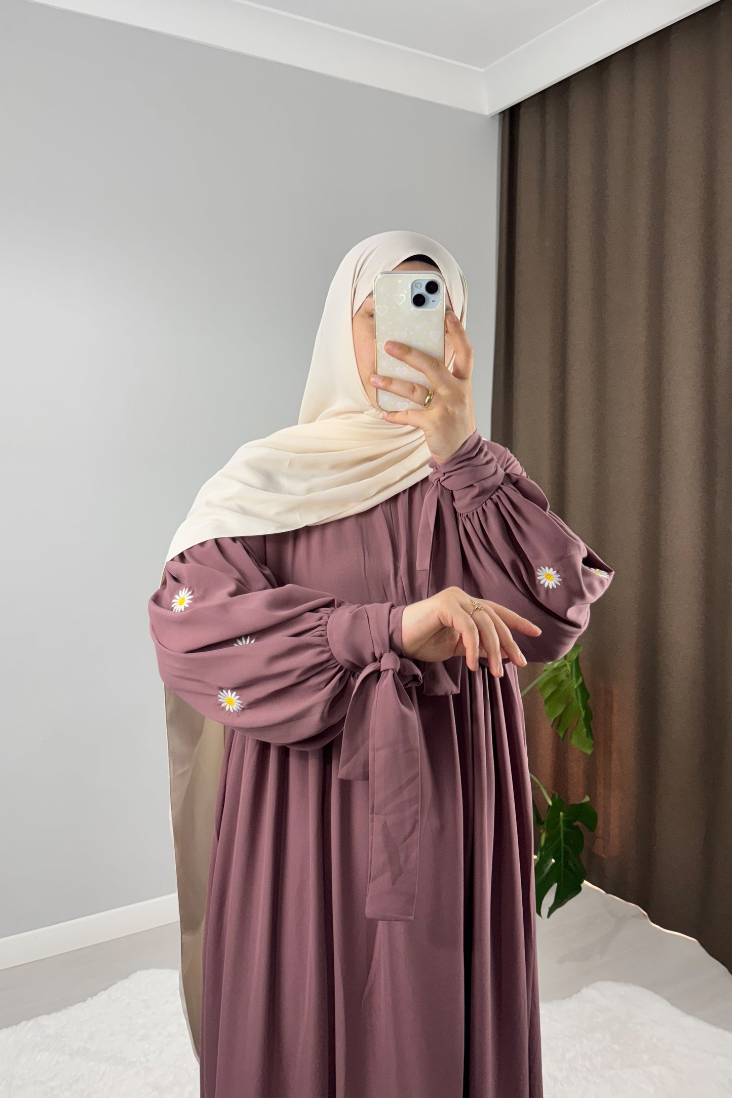 Asel Papatya Nakışlı Gül Kurusu Tesettür Hijab Elbise