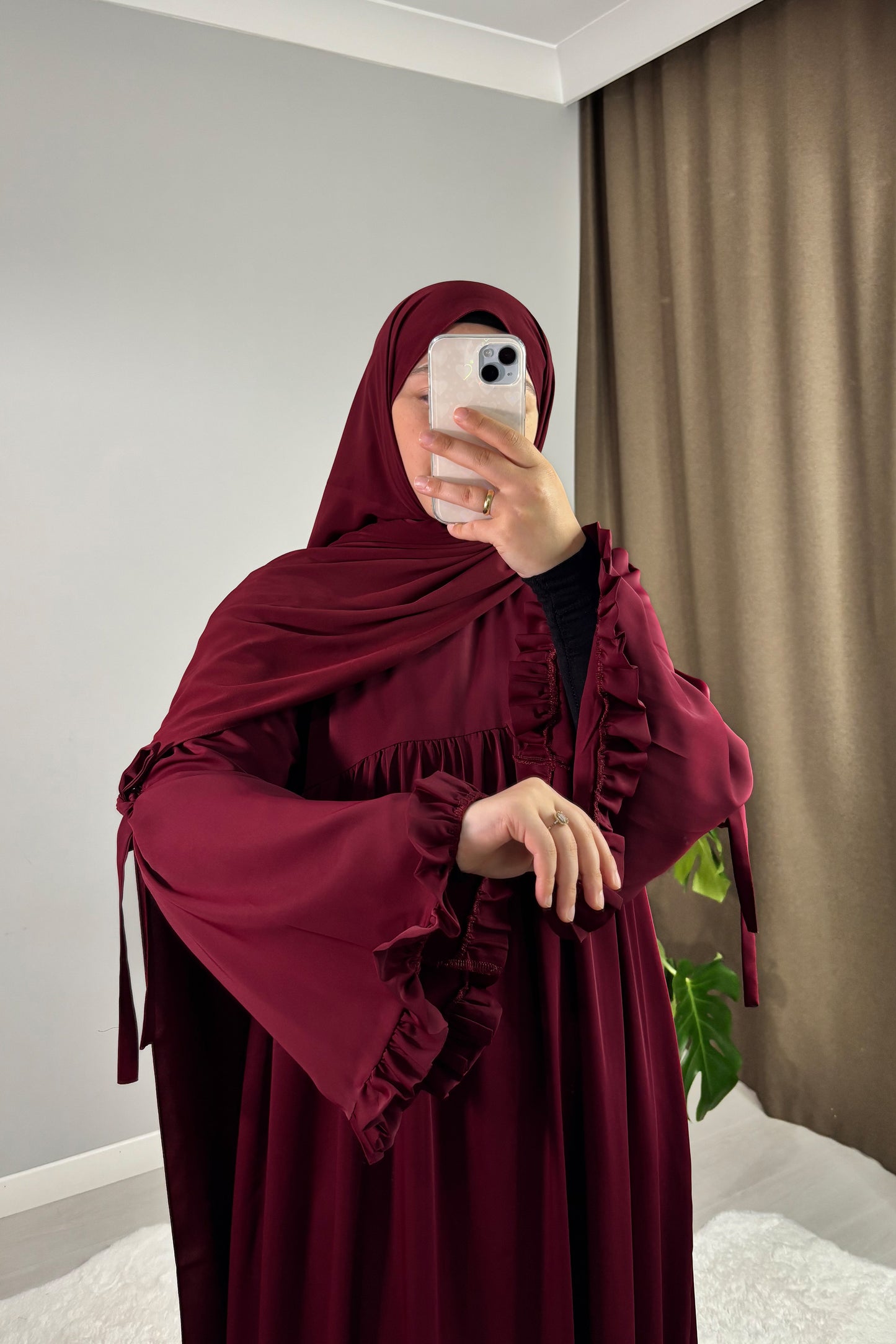 Neva Fırfırlı Bordo Tesettür Hijab Elbise