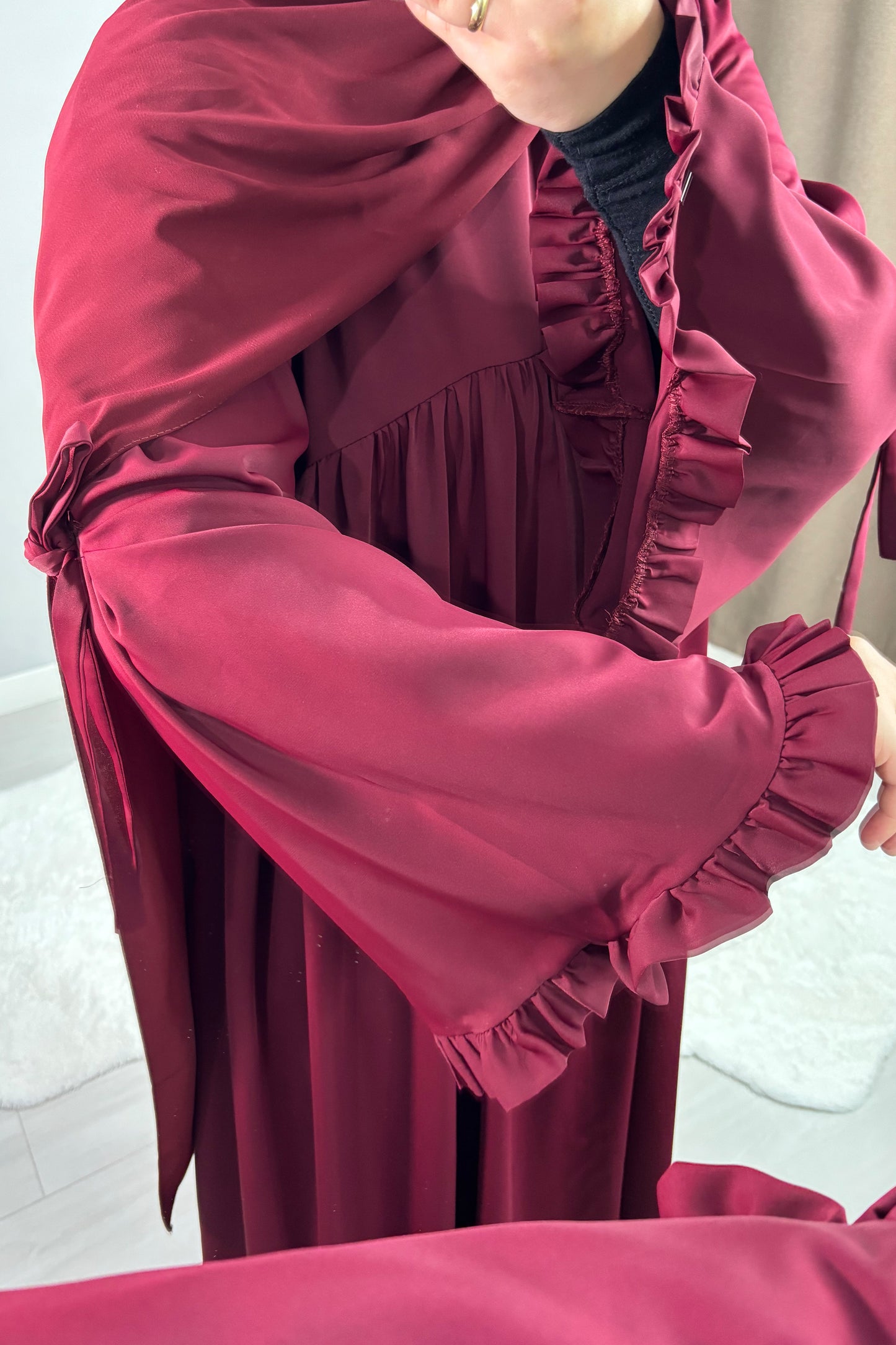 Neva Fırfırlı Bordo Tesettür Hijab Elbise