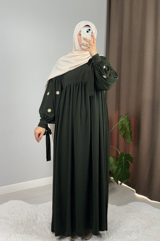 Asel Papatya Nakışlı Yeşil Tesettür Hijab Elbise