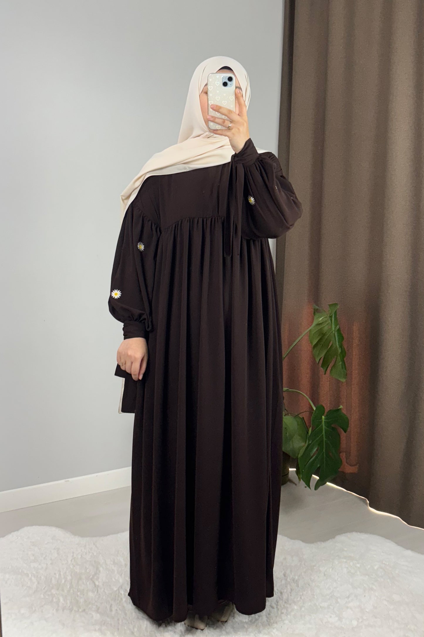 Asel Papatya Nakışlı Acı Kahve Tesettür Hijab Elbise