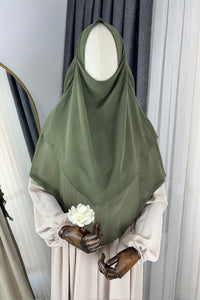 Krem Ayrobin Elbise Haki Yeşil Sufle Tesettür Hijab Takımı
