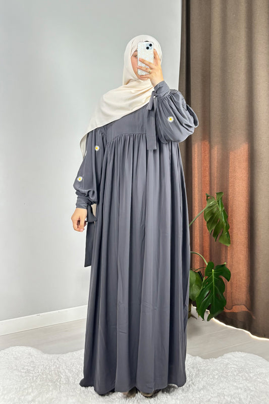 Asel Papatya Nakışlı Füme Tesettür Hijab Elbise