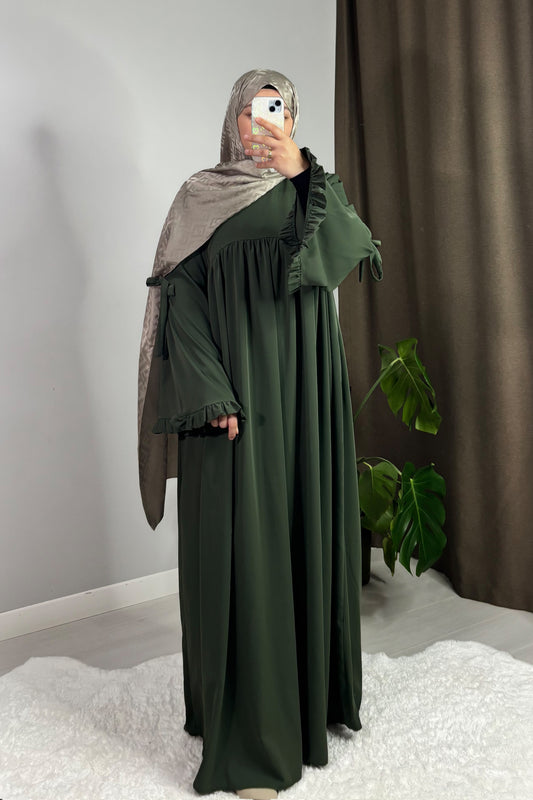 Neva Fırfırlı Haki Yeşil Tesettür Hijab Elbise