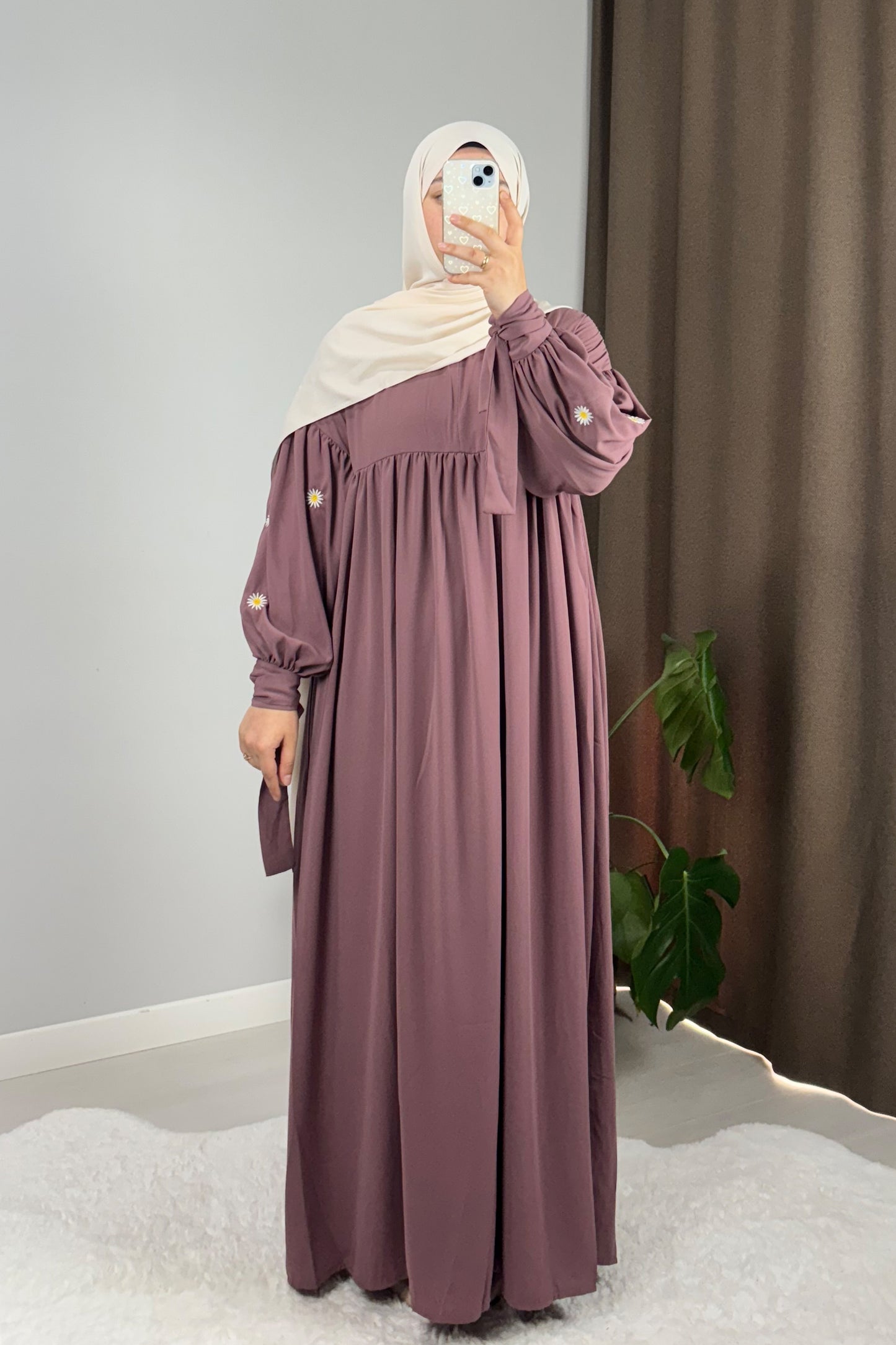 Asel Papatya Nakışlı Gül Kurusu Tesettür Hijab Elbise