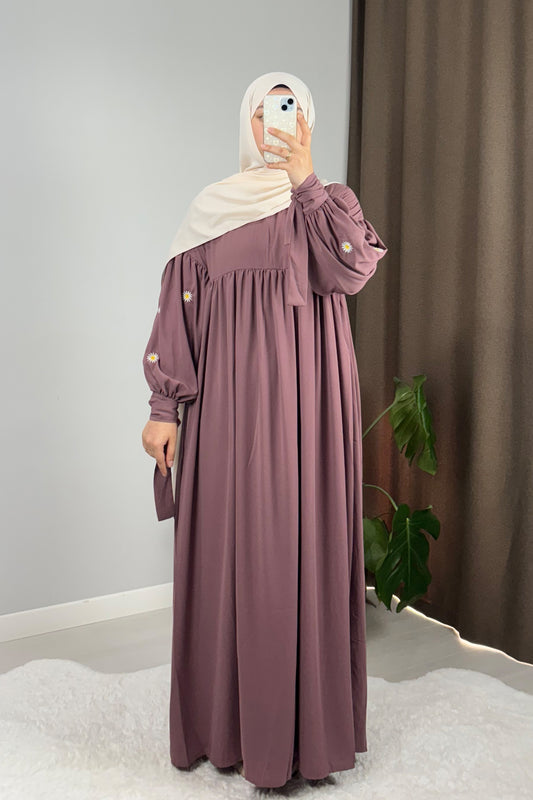 Asel Papatya Nakışlı Gül Kurusu Tesettür Hijab Elbise