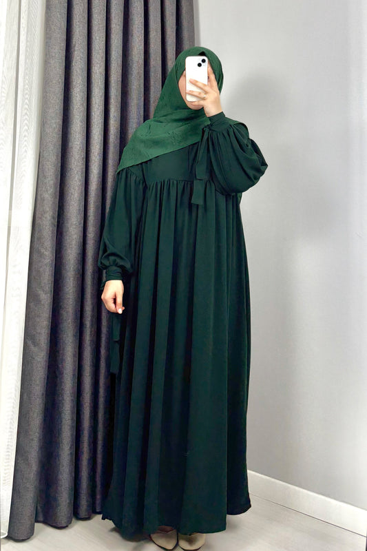 Alya Kol Bağlamalı Zümrüt Yeşil Tesettür Hijab Elbise