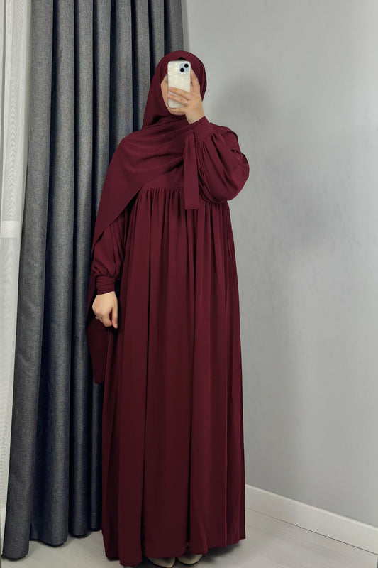 Alya Kol Bağlamalı Bordo Tesettür Hijab Elbise