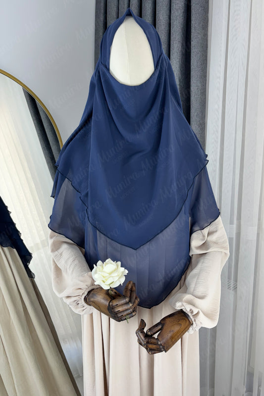 Krem Ayrobin Elbise Lacivert Sufle Tesettür Hijab Takımı