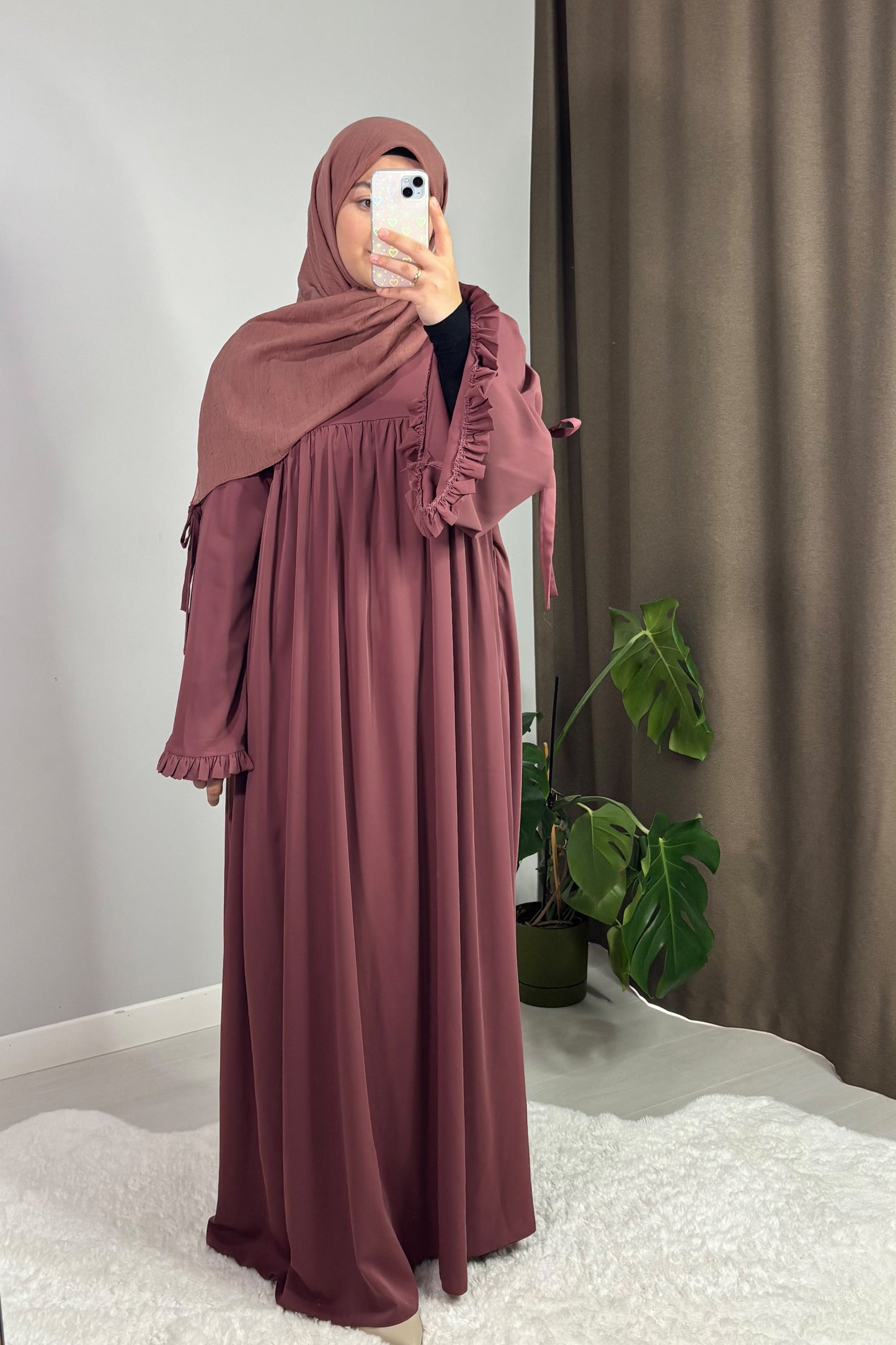Neva Fırfırlı Gül Kurusu Tesettür Hijab Elbise