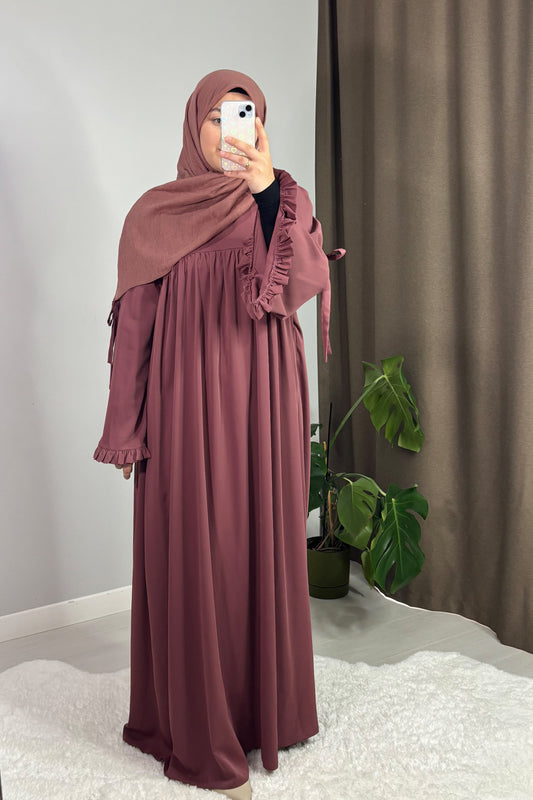 Neva Fırfırlı Gül Kurusu Tesettür Hijab Elbise