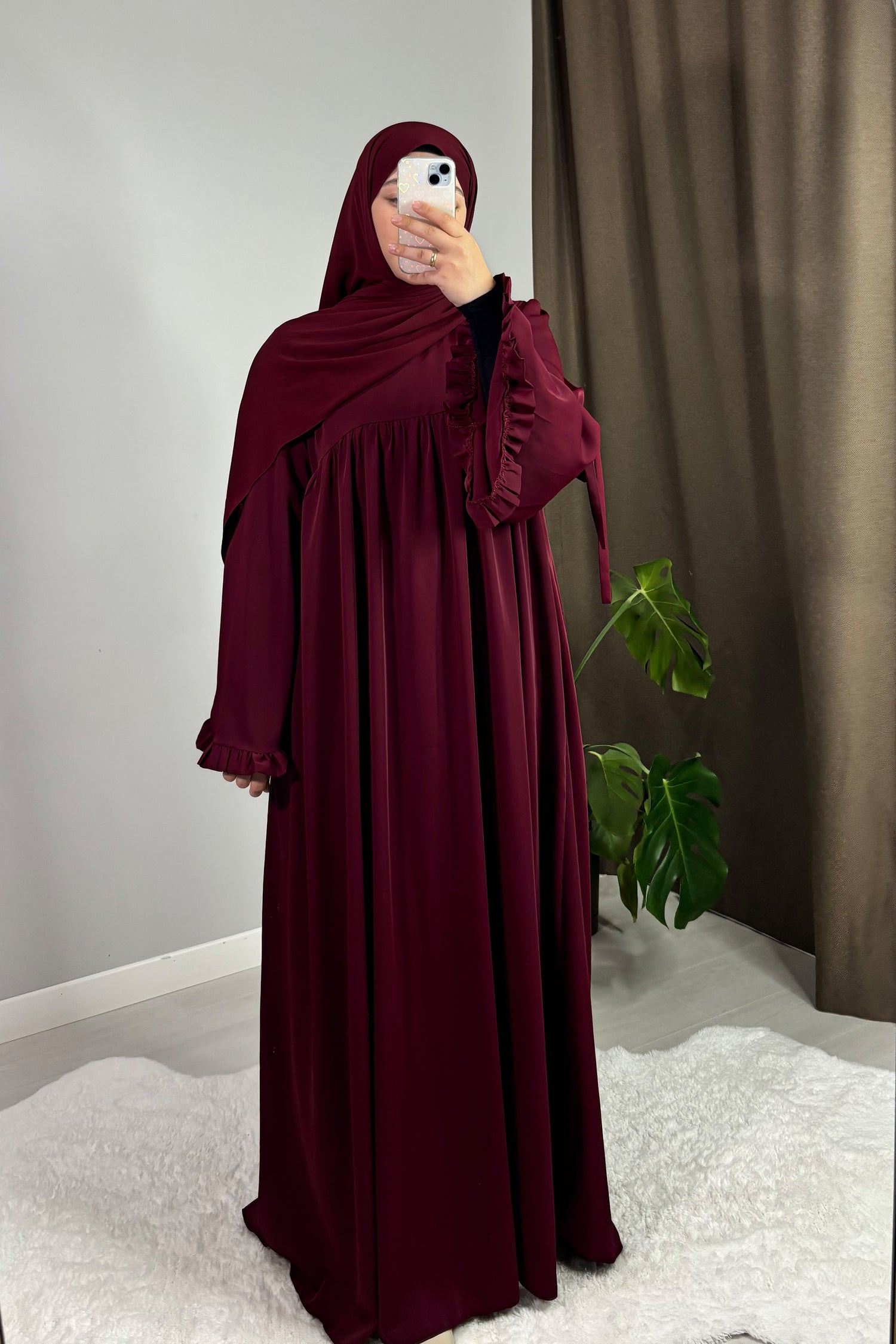 Neva Fırfırlı Bordo Tesettür Hijab Elbise