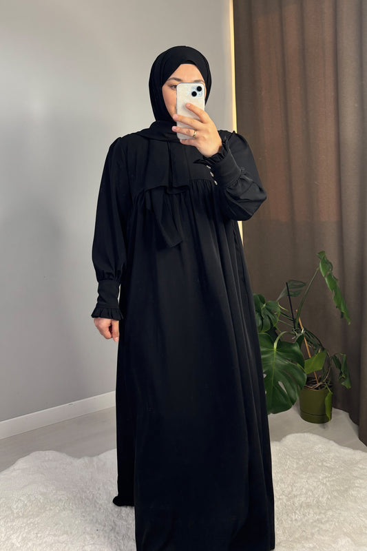 Mira Manşetli Siyah Tesettür Hijab Elbise