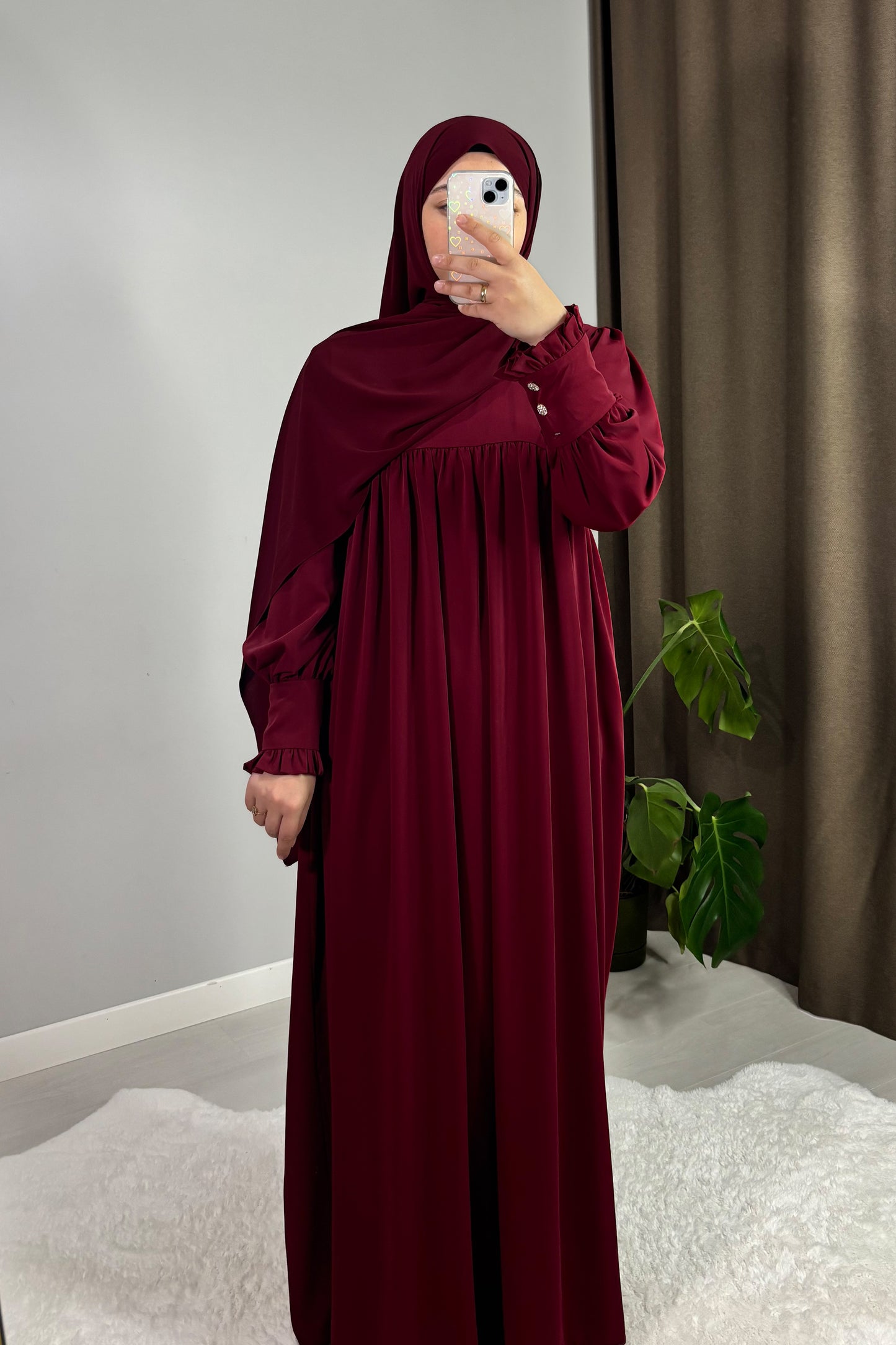 Mira Manşetli Bordo Tesettür Hijab Elbise