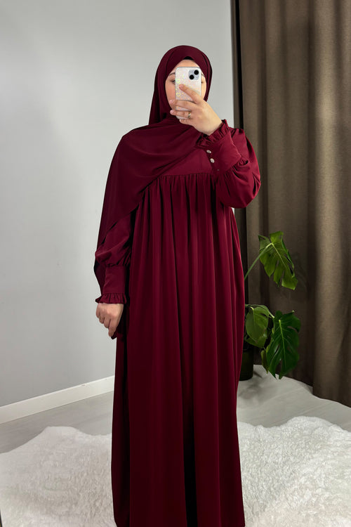 Mira Manşetli Bordo Tesettür Hijab Elbise
