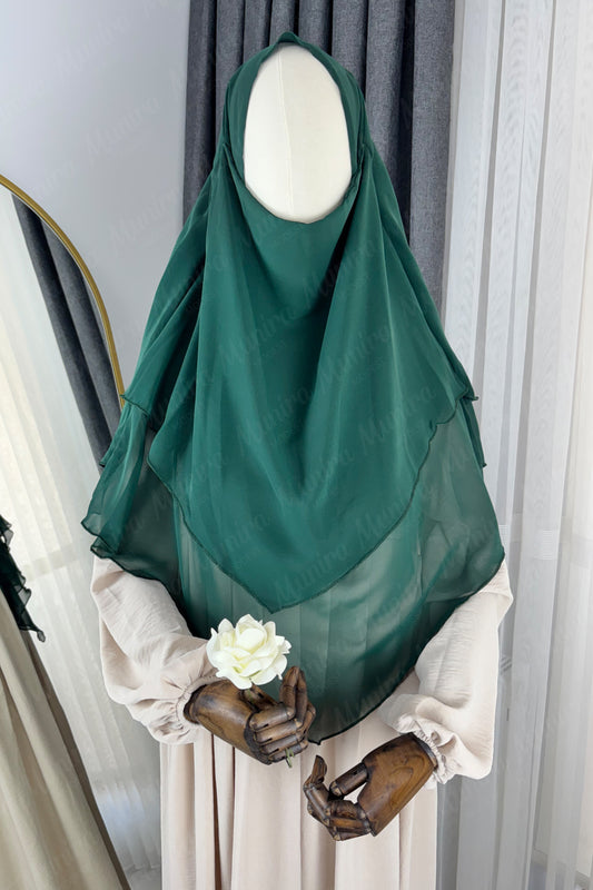 Krem Ayrobin Elbise Zümrüt Yeşil Sufle Tesettür Hijab Takımı