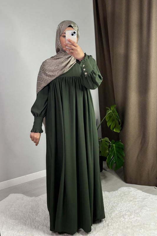 Mira Manşetli Haki Yeşil Tesettür Hijab Elbise