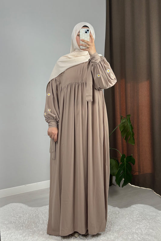 Asel Papatya Nakışlı Krem Tesettür Hijab Elbise