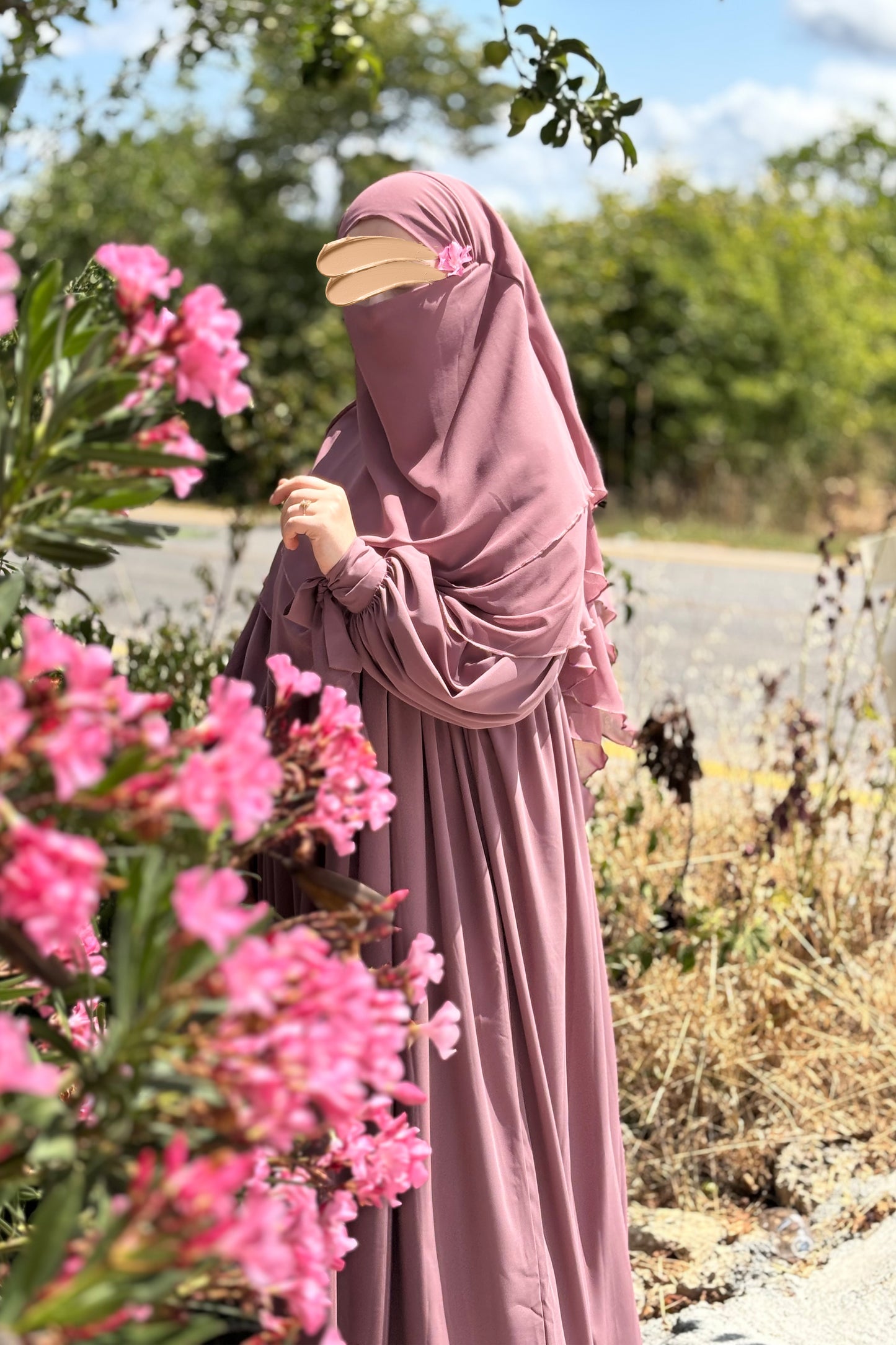 Alya Kol Bağlamalı Gül Kurusu Elbise Gül Kurusu Sufle Tesettür Hijab Takımı