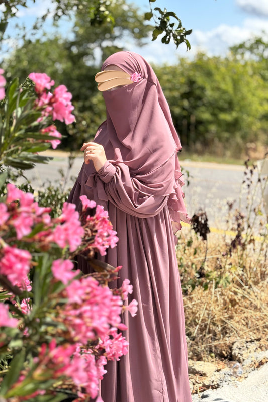 Alya Kol Bağlamalı Gül Kurusu Elbise Gül Kurusu Sufle Tesettür Hijab Takımı
