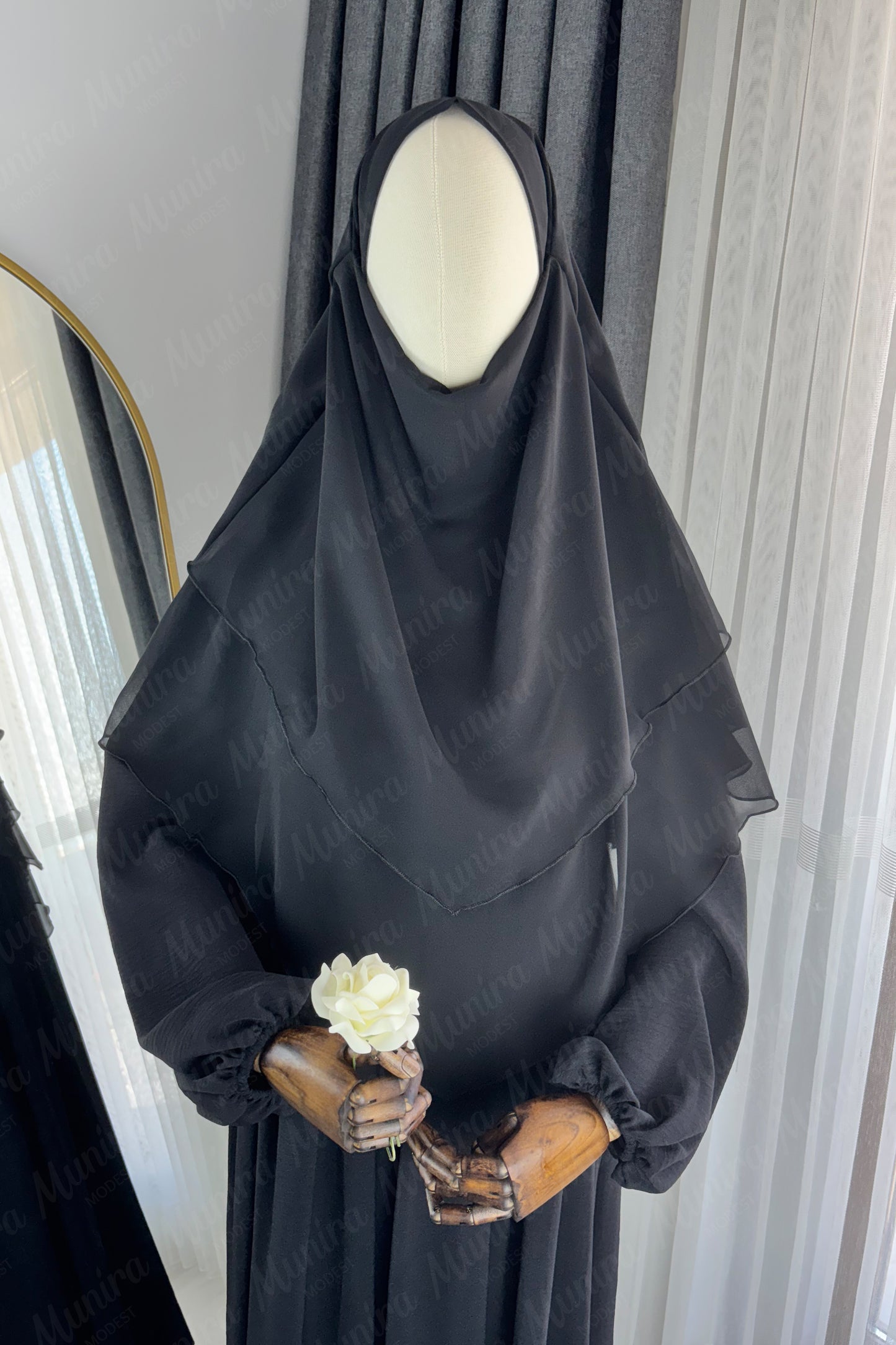 Siyah Ayrobin Elbise Siyah Sufle Tesettür Hijab Takımı