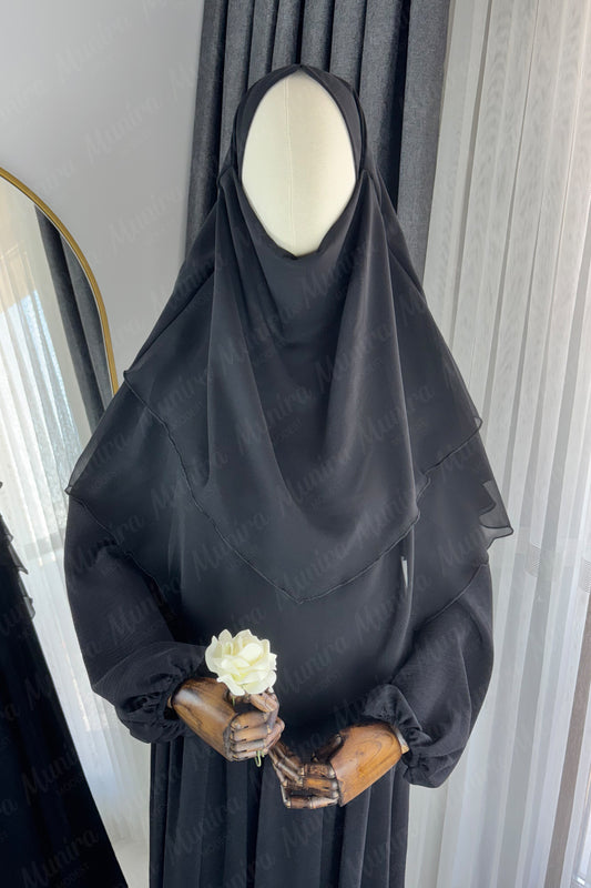 Siyah Ayrobin Elbise Siyah Sufle Tesettür Hijab Takımı