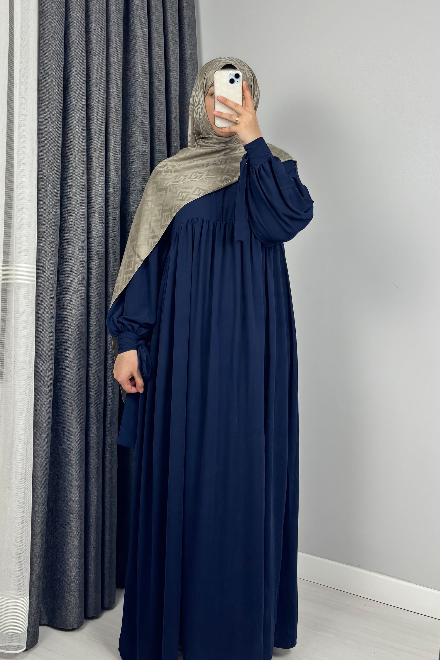 Alya Kol Bağlamalı Lacivert Tesettür Hijab Elbise