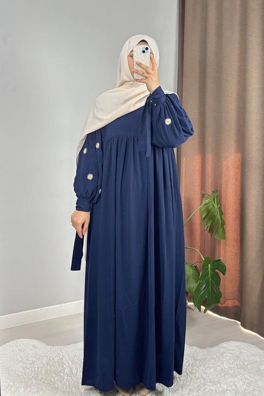 Asel Papatya Nakışlı Lacivert Tesettür Hijab Elbise