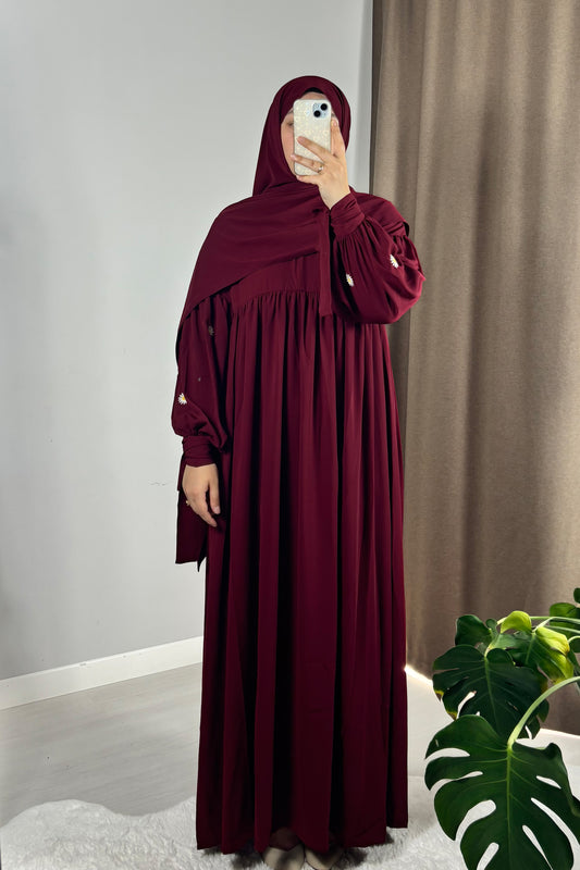 Asel Papatya Nakışlı Bordo Tesettür Hijab Elbise